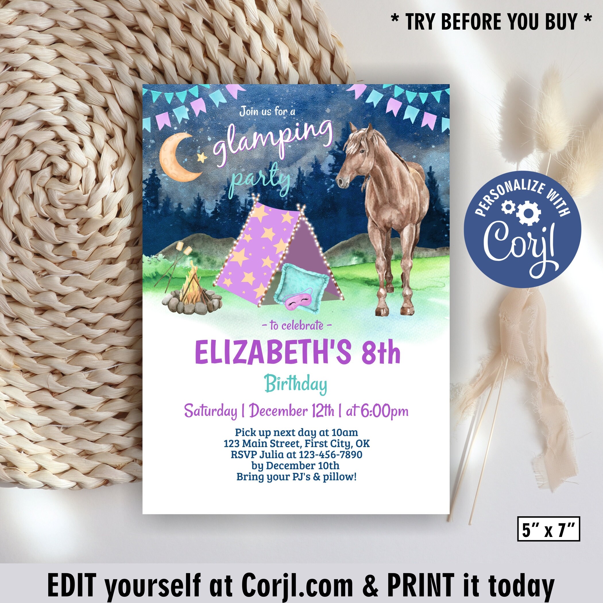 Horse / Slumber / Glamping Camping / Birthday Invitation / Girl / Purple /  Camp Tent / Bonfire / Sleepover / Cowgirl Farm Animals BDSL33 106 - Etsy, image size:2100x2100