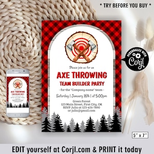 Lancer de hache / Bûcheron / Invitation d'anniversaire / Team builder / animaux de la forêt / plaid rouge / Buffalo Invite Wilderness BDAxe1 167