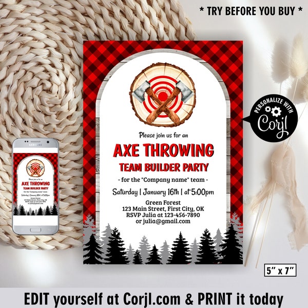 Axe throwing party / Lumberjack / Birthday Invitation / team builder / woodland animals / red plaid / Buffalo Invite Wilderness BDAxe1 167