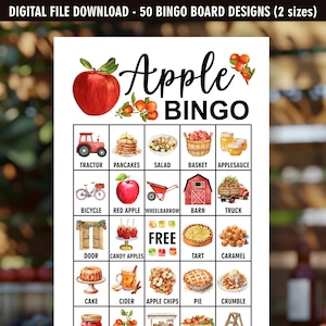 Manzana / Juego de bingo / Precargado / 50 ARCHIVOS DIGITALES / Diseños de tableros de bingo / Juegos / Otoño / Otoño rústico / Recolección en la granja BA1 147