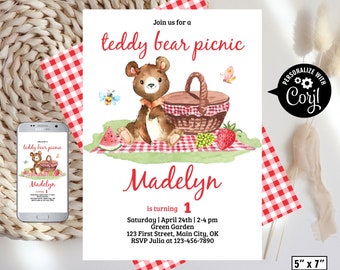 Teddy Bear Picnic / Instant access / Birthday / Invitation / boy / girl / blue / red / green / woodland / editable / baby shower /BDPC2/ 09