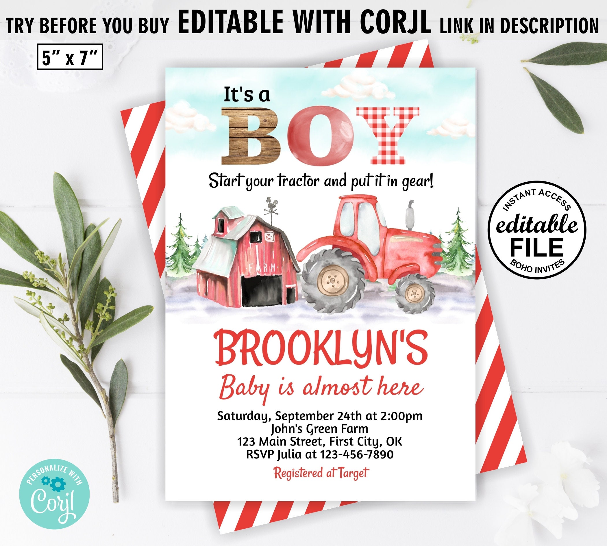Tractor / Baby / Shower / Invitation / Editable / Instant Access / Red /  It's a Boy / Farm / Invite / Woodland / Rustic / Parade /BSTR4/ 03 - Etsy, image size:2100x1890