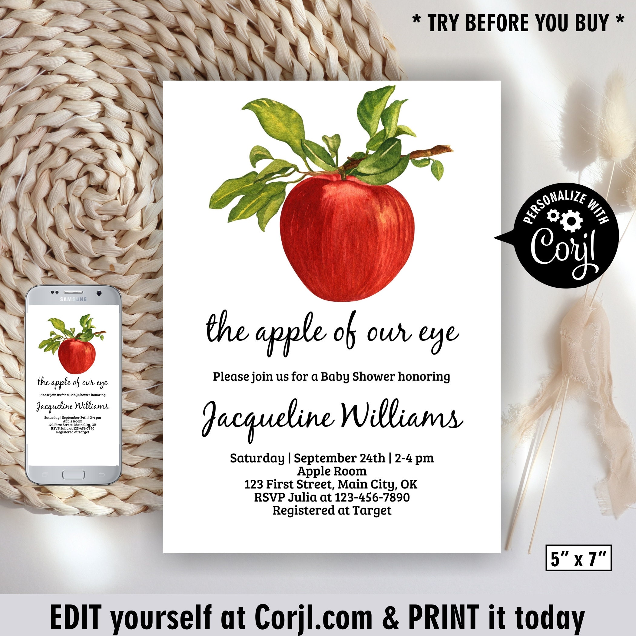 Apple Baby Shower / Apple of our eye / Fall / Autumn / Invite / Apple Orchard / boy girl / gender neutral book diaper welcome sign BAP1 147