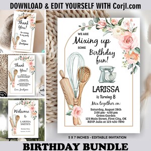 Baking bundle birthday invitation / cooking / mixed / Whisked / Kitchen / Invite / Cooking / boho / pink / floral / girl BDKT1 210