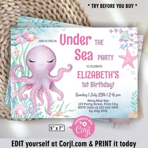Sea / octopus / Nautical / birthday invitation / girl / ocean / pink purple / under the sea invite animals / fish beach pool BDSea4 180