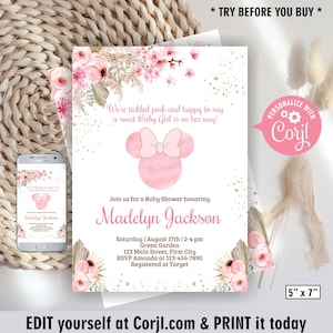 Minnie / Baby / Shower / Invite / Invitation / Sprinkle / Mouse / gold / Pink / Girl / boho / floral / flowers BBMM1 178