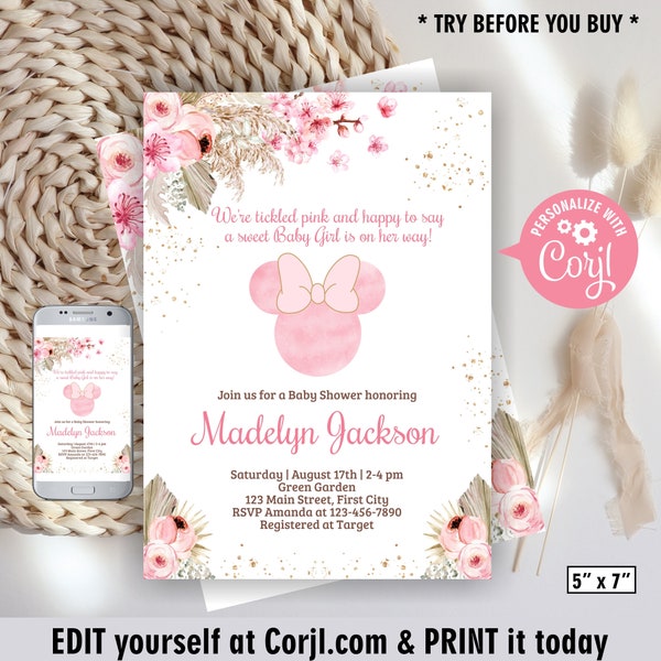 Minnie / Baby / Shower / Invite / Invitation / Sprinkle / Mouse / gold / Pink / Girl / boho / floral / flowers BBMM1 178