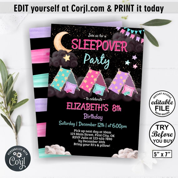 12 Personalized Custom Girl Girls Slumber Party Sleepover Birthday  Invitations