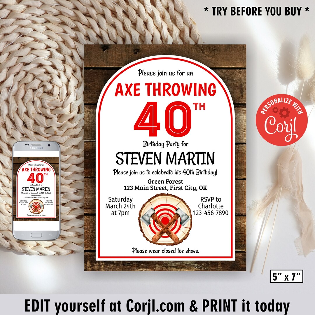 Axe Throwing Party / Wood / Birthday Invite / Wilderness / Any Age 30th