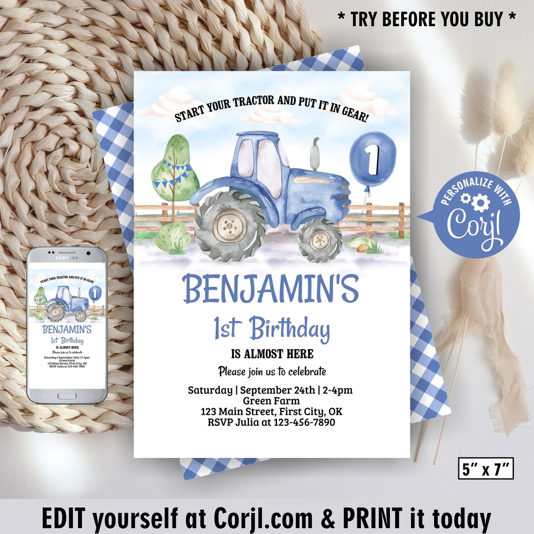 Blue Tractor Birthday Invitation Boy / Farm Birthday Invite / Barnyard ...