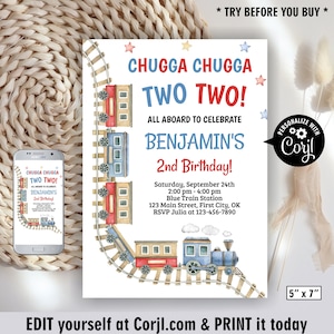 Two / Train birthday invitation / Red and blue / Train / Chugga / Choo / 2nd / girl / boy / birthday / invitation / invite /BDTrain3/ 203