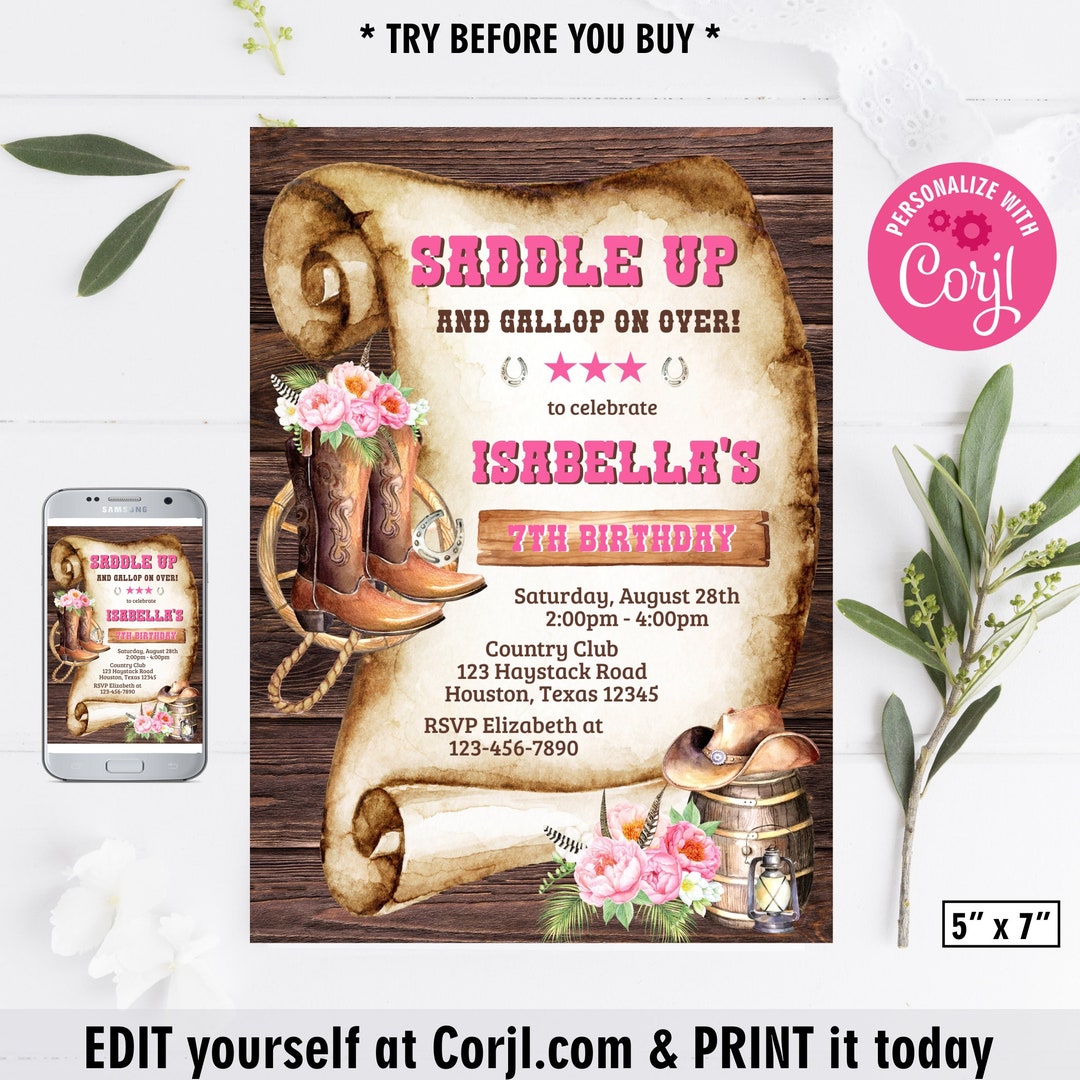Cowgirl Birthday Invitation Pink Rodeo Saddle up Gallop Horse Invite ...