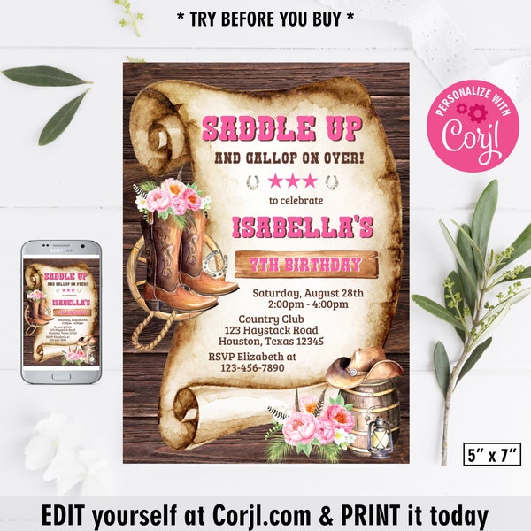 Cowgirl Birthday Invitation pink Rodeo Saddle up gallop horse Invite farm Cowboy cow hat boots horseshoe wood vintage floral BDCB2 162