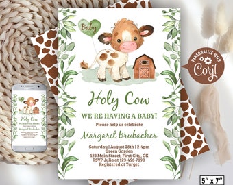 Cow / baby shower invitation / farm animals /  brown barn / boy / invite / editable greenery eucalyptus / holy cow / moo / balloon Cow17 112