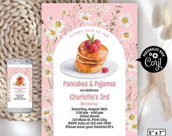 Pink / daisy / Pancake and pajamas / Birthday / Brunch Invitation / boho / Bridal / baby / Shower Invite / Berry Pancakes wildflower PN3 226