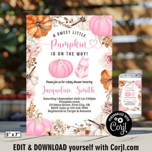 May include: A baby shower invitation with a pumpkin theme. The invitation features watercolor pumpkins in shades of pink, orange, and white, along with floral accents. The text reads "A Sweet Little Pumpkin is on the Way!" and includes event details. The invitation measures 5" x 7".