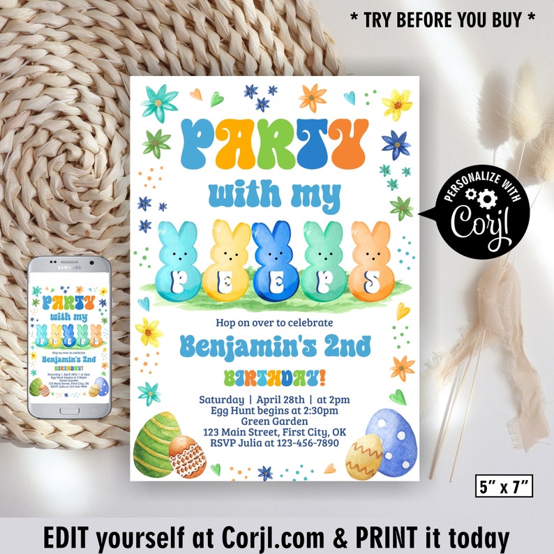 May include: A printable invitation for a 2nd birthday party with a Peeps theme. The invitation features a colorful party hat, the words "Party with my Peeps", and a line of Peeps characters. The invitation also includes the text "Hop on over to celebrate Benjamin's 2nd Birthday!" and details about the party, including the date, time, and location. The invitation is designed to be personalized with Corjl.com.