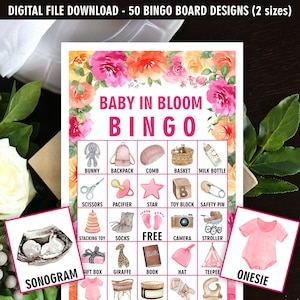 Bébé en fleurs / Rose / Prérempli / 50 cartes de bingo NUMÉRIQUES / floral / fleurs du jardin / baby shower pour fille / cartes de jeu fleurs sauvages B2 171