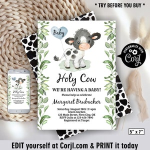 Cow / baby shower / invitation / farm animals / boy / invite / editable / greenery eucalyptus balloon holy cow BSCow7/ 112