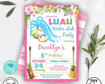 Pink waterslide / birthday invitation / luau invite aloha pool party tropical pineapple water slide girl Hawaiian BDWS4 125