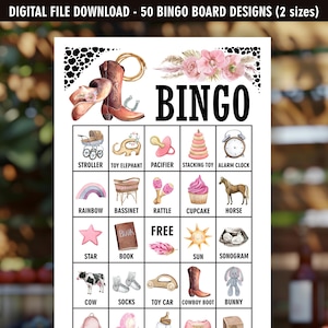 Cowgirl / 50 cartes préremplies / cheval / baby shower / gibier animaux de la ferme chapeau de bottes de cowboy rose rodéo western Fichiers PDF CW1 112