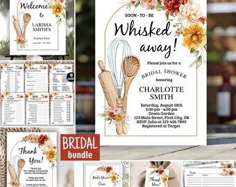 May include: A bridal shower stationery bundle featuring a white background with a gold arch frame, watercolor floral arrangements in red, orange, and cream, and illustrations of a wooden rolling pin, wooden spoon, and a metal wire whisk.