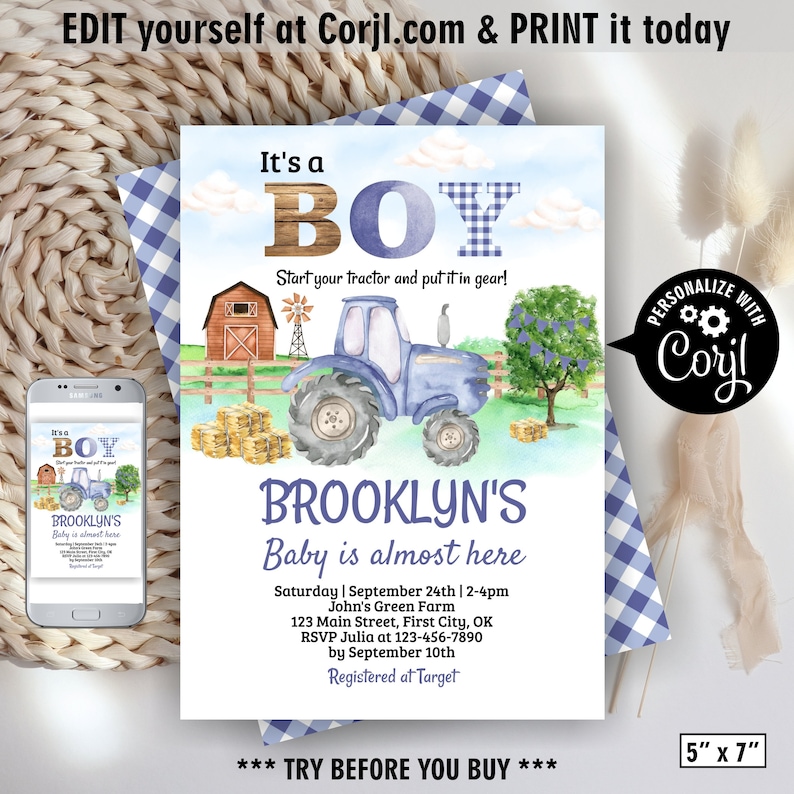 Tractor baby shower Invitation bales of hay Editable blue its a boy farm invite woodland drive car fall autumn BSTR22 05