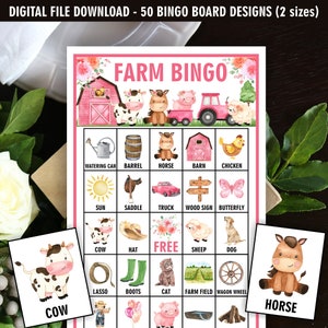 Pink Farm / Pré-preenchido / 50 ARQUIVOS DIGITAIS Tabuleiro de Bingo / animais da fazenda / jogo de chá de bebê de aniversário cartões de visita para meninas flores S3 169