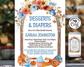 May include: A 5" x 7" invitation for a baby sprinkle, featuring the text "Desserts & Diapers" and the name "Sarah Johnston." The design includes floral arch, desserts, and a smartphone mockup.