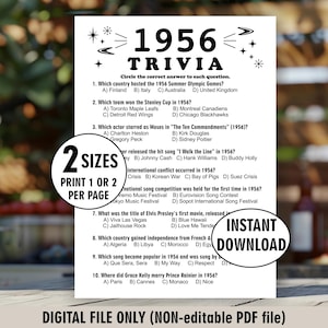1956 Trivia Game / 70th Birthday Party Activities / Adult / Family / 50s / Fun 70th Bday Ideas Back in 1956 / Instant Download TR1 256