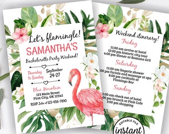 Flamingle Bachelorette / editable / Party Invitation With Itinerary Girls Weekend Party Invite Flamingo INSTANT access / tropical BSFL1 128
