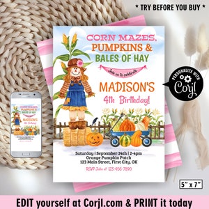 May include: A colorful invitation for Madison's 4th birthday, featuring a scarecrow, pumpkins, and a wagon. The text reads "Corn Mazes, Pumpkins & Bales of Hay." Includes event details and a call to personalize with Corjl. The invitation measures 5" x 7".