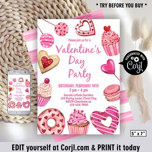 Könnte beinhalten: Eine Einladung zur Valentinstagsparty mit Aquarellillustrationen von Cupcakes, Keksen und Donuts. Die Einladung enthält den Text "Valentine's Day Party" und Veranstaltungsdetails. Ein Smartphone zeigt das Einladungsdesign. Die Einladung misst 12,7 cm x 17,8 cm.
