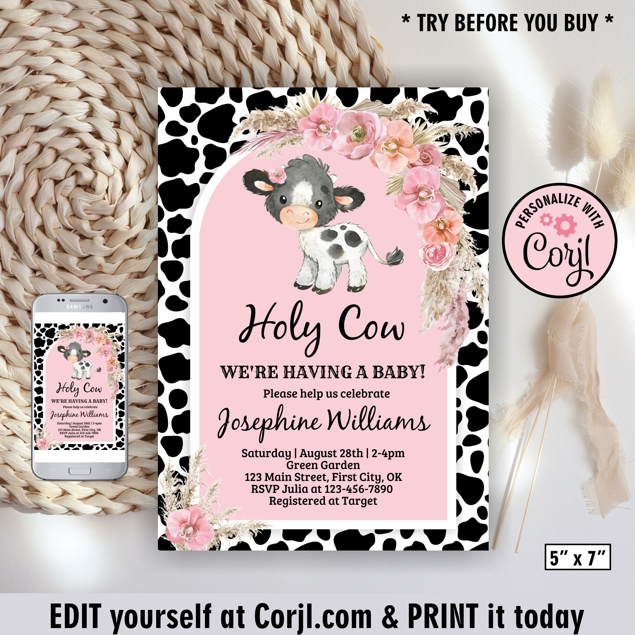 Cow / Baby Shower Invitation / Farm Animals / Pink Floral Etsy
