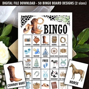 50 tarjetas de bingo precargadas de vaquero, caballo, baby shower, juego de animales de granja, rodeo occidental, botas de vaquero azules, sombrero, archivos PDF CW2 112
