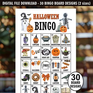 Könnte beinhalten: Ein Halloween-Bingo-Spielbrett mit Illustrationen von Kürbissen, Geistern und einem Spukhaus. Das Brett zeigt den Text "Halloween Bingo" und bietet 30 Spielbrett-Designs. Das Spiel ist in zwei Größen erhältlich.