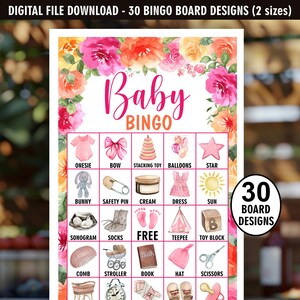 Bingo de bebê florido / Bebê em flor / Rosa / 30 ARQUIVOS DIGITAIS Cartões de Bingo / jardim floral / chá de bebê menina / cartões de jogo flores silvestres B3 171