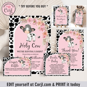 Cow / baby shower invitation / farm animals / pink floral flowers / girl / boho invite / editable / holy cow BCow15/ 112