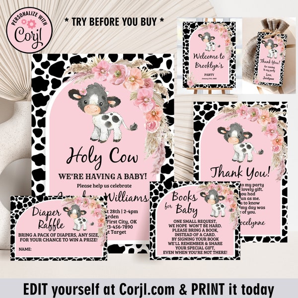 Cow / baby shower invitation / farm animals / pink floral flowers / girl / boho invite / editable / holy cow BCow15/ 112