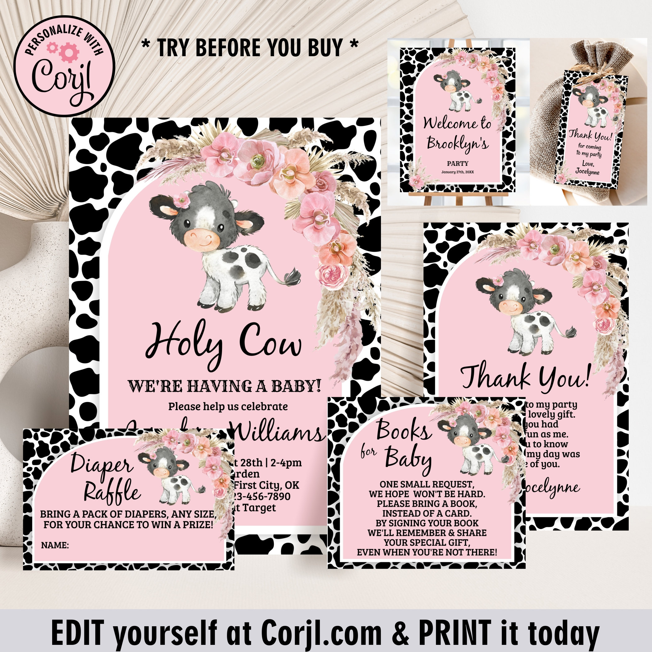 Buy Cow / Baby Shower Invitation / Farm Animals / Pink Floral Flowers /  Girl / Boho Invite / Editable / Holy Cow Bcow15/ 112 Online in India 