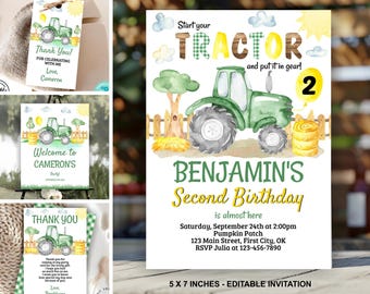 Puede incluir: Una plantilla de invitación de cumpleaños digital con un tractor verde, pacas de heno y una valla de madera. El texto dice Start your TRACTOR and put it in gear, BENJAMIN'S Second Birthday, e incluye los detalles del evento.