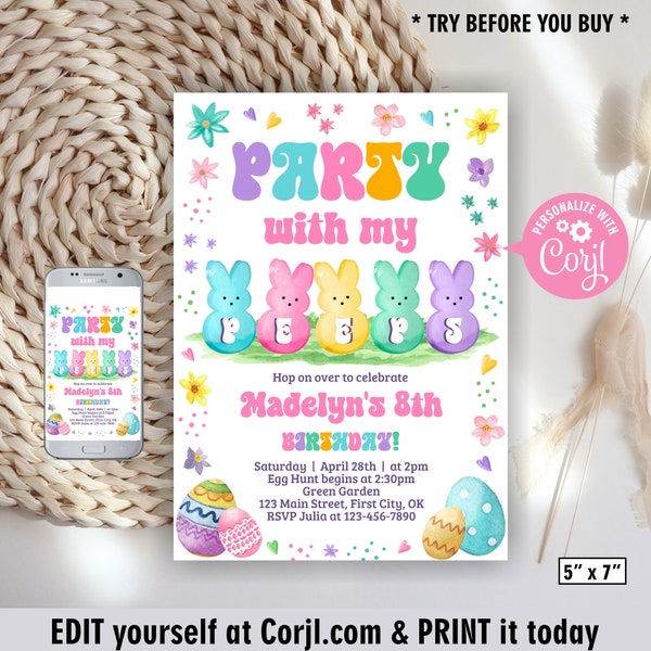 Easter Egg Hunt / Bunny / Rabbit / Peeps / birthday / invitation / pink / purple / teal / girl spring floral flowers animals eggs BDE15 175