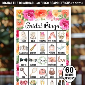 Pink Blumen Brautparty Bingo Spiel / 60 DIGITALE DATEIEN Bingo Bretter / Blumen / Garten / Mädchen / Spielkarten Wildblume BRFL2 171
