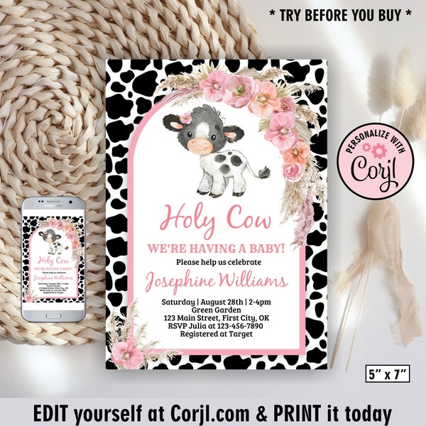 Cow / baby shower invitation / pink floral flowers / farm animals / girl / boho invite / holy cow / editable / pampas grass /BBCow16/ 112