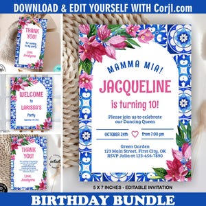 Pode incluir: Um conjunto de convites de aniversário digitais com uma borda de padrão de azulejos mediterrâneos azuis e brancos, flores de buganvília rosa e um espaço central branco com texto incluindo Mamma Mia e detalhes do evento.