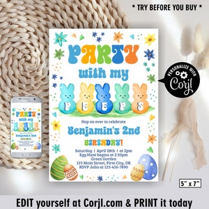 May include: A printable invitation for a 2nd birthday party with a Peeps theme. The invitation features a colorful party hat, the words "Party with my Peeps", and a line of Peeps characters. The invitation also includes the text "Hop on over to celebrate Benjamin's 2nd Birthday!" and details about the party, including the date, time, and location.
