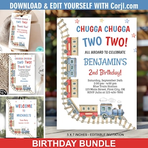 May include: A birthday invitation bundle featuring a watercolor train theme with red and blue train cars on tracks. The text reads CHUGGA CHUGGA TWO TWO! ALL ABOARD TO CELEBRATE BENJAMIN'S 2nd Birthday! Saturday, September 24th, 2:00 pm - 4:00 pm, Blue Train Station, 123 Main Street, First City, OK, RSVP Julia at 123-456-7890. The invitation measures 5 x 7 inches.