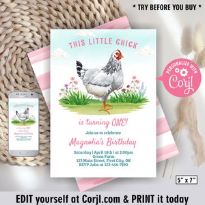 Chicken / Chick / Birthday / Pink / Party Invitation / Barnyard Invite / Kids / Farm / animals / wildflower BDCK2 130