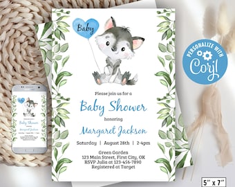 Wolf / Baby Shower / Invitation / Boy / blue balloon / cub wild / woodland / animals / greenery / forest BW15 107