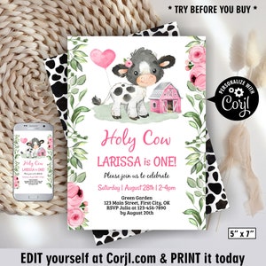 Cow / birthday invitation / farm animals / pink floral flowers / girl / invite / editable / greenery eucalyptus balloon holy cow BDCow6/ 112